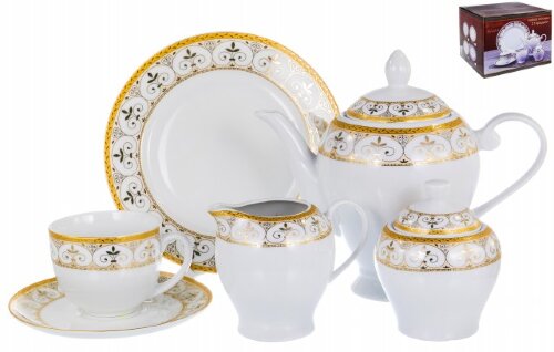 106-03005 (в кор.2наб.) - Набор посуды 21пр. &quot;Брис [01085933] 106-03005 (в кор.2наб.) - Набор посуды 21пр. "Бристоль Джон" (6 чашек 220мл + 6 блюдец + сахарница + молочник + 6 десертных тарелок 200мм + чайник), SUPERWHITE PORCELAIN, декор - золотой орнамент, подарочная упаковка