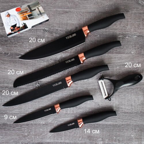 727927 (в уп.30наб.) - Набор кухонных ножей 6 пред [01106662] 727927 (в уп.30наб.) - Набор кухонных ножей 6 предметов / WD-103 /овощечистка в комплекте, материал: нержавеющая сталь.