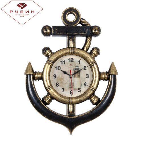 3827-002 (в кор.10шт.) - Часы настенные в форме як [01088044] 3827-002 (в кор.10шт.) - Часы настенные в форме якоря "Маяк" "Рубин", корпус чёрный с золотом, размер: d=45см, материал: пластик, стекло, металл, часовой механизм кварцевый, плавный ход.