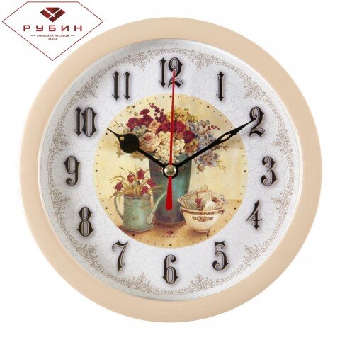 В4-008 (в кор.20шт.) - Будильник кварц."Доброе утр [01083542] В4-008 (в кор.20шт.) - Будильник кварц."Доброе утро" "Рубин", корпус бежевый, размер: d=15см, материал: пластмасса, стекло, металл.