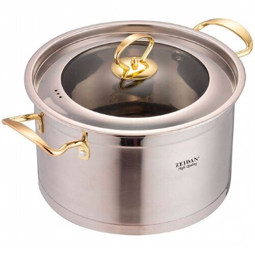 Z-50389 GOLD (в уп.6шт.) - Кастрюля ZEIDAN 4,7л. ( [01058523] Z-50389 GOLD (в уп.6шт.) - Кастрюля ZEIDAN 4,7л. (22см.) со стеклянной крышкой, нержавеющая сталь, комбинированная полировка снаружи, матовая полировка внутри, крышка - стекло с металлической окантовкой, РУЧКИ "ПОД ЗОЛОТО",  3-x  СЛОЙНОЕ КАПСУЛИРОВАННОЕ ИНДУКЦИОННОЕ ДНО.