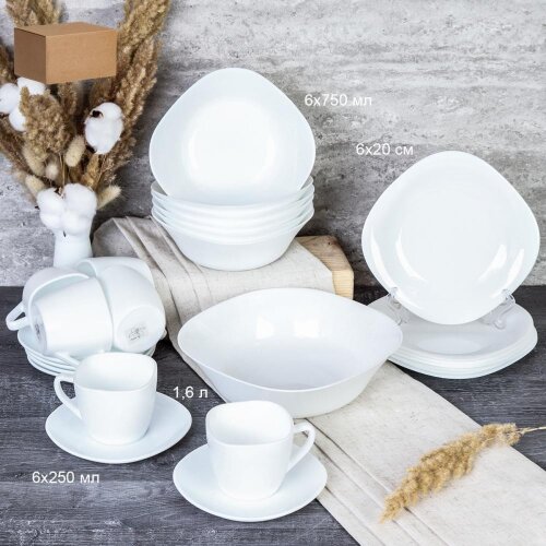 730562 (в уп.2шт.) - Столовый набор 25пр. квадратн [01109086] 730562 (в уп.2шт.) - Столовый набор 25пр. квадратный белый (Салатник750мл. - 6шт, салатник 1,6л. - 1шт, тарелка плоская 20см. - 6шт, чайный набор 12пр. 250мл.) / GRAY-Sq25/87595220 white /, материал: стеклокерамика.