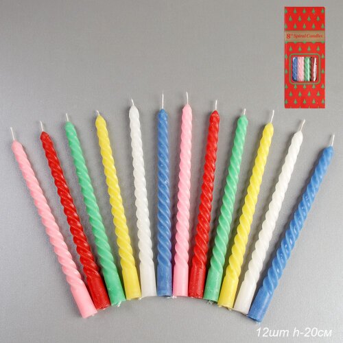 711426 (в уп.72наб.) - Свеча стержень, набор 12шт, [01111166] 711426 (в уп.72наб.) - Свеча стержень, набор 12шт, 20см, витая /GL-12/, разноцветные, матреиал: парафин.