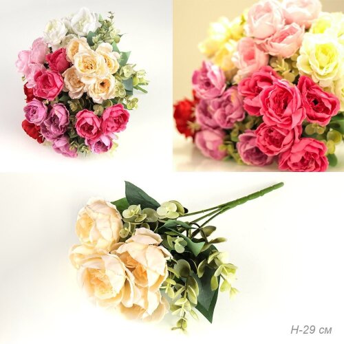 708268 (в уп.150шт.) - Цветок искусственный Роза б [01107394] 708268 (в уп.150шт.) - Цветок искусственный Роза букет 29см / ZJ3154 /, материал: пластик.