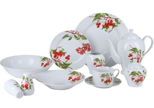 100014-26-RPO (в уп.2наб.) -  Набор столовой посуд [01094855] 100014-26-RPO (в уп.2наб.) -  Набор столовой посуды 26пр. Состав набора 1 супница (23х23см), 4 обеденных тарелок (27х27см), 4 суповых тарелок (20,5х20,5см), 4 десертных тарелок (19х19см), 4 чашеки (230мл), 4 блюдеца (15х15см), 1 чайник заварочный (1200мл), 1 молочник (325мл), 1 сахарница (270мл), 1 набор соль/перец. Материал: форфор.