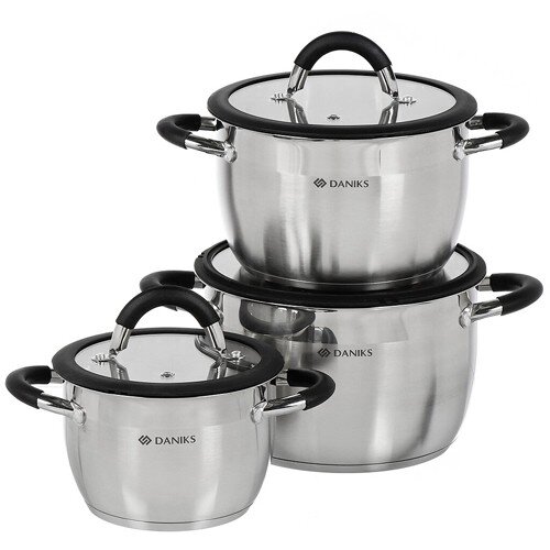 478721-РСВ (в уп.1наб.) - Набор посуды 6пр. нерж.с [01104078] 478721-РСВ (в уп.1наб.) - Набор посуды 6пр. нерж.сталь. (Кастрюли с крышками: 1,9л, 3,7л, 4,9л.), индукция, Daniks, Орландо, GS-01435-6SE