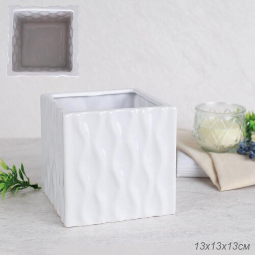 716579 (в уп.24шт.) - Кашпо 13х13х13см Куб / 3023- [01106559] 716579 (в уп.24шт.) - Кашпо 13х13х13см Куб / 3023-1W / белое, материал: керамика.