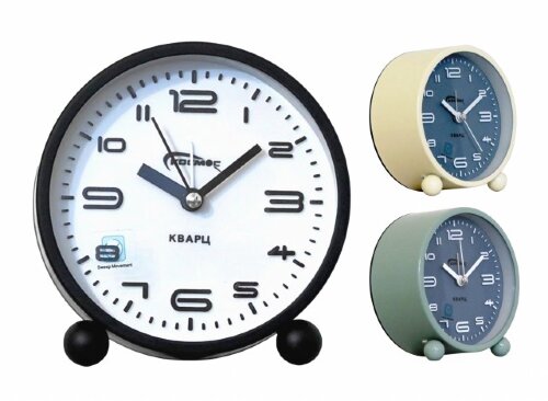 1709A MIX -3 цвета, (черный, зеленый, беж.) (в кор [01105543] 1709A MIX -3 цвета, (черный, зеленый, беж.) (в кор. 60шт.) Будильник Космос. Особенность: подсветка, нарастающий звук сигнала. Материал корпуса: пластик. Механизм: кварцевый с плавным ходом. Питание: батарейка АА1 шт. (в комплект не входит). Размер: 110х110х50 мм.