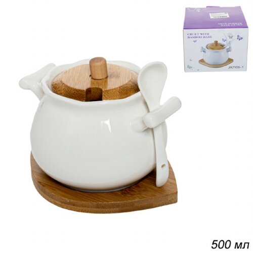 650794 (в уп.36шт.) - Сахарница с крышкой и ложкой [01043668] 650794 (в уп.36шт.) - Сахарница с крышкой и ложкой на дер.подст. 500мл., /KR-65/