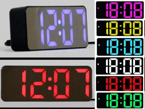 1801 Bl чёрный (в кор. 1 шт.) Цифровые цветные све [01106860] 1801 Bl чёрный (в кор. 1 шт.) Цифровые цветные светодиодные часы. Материал корпуса: пластик.  Материал экрана: акрил.Габаритные размеры (ВхШхГ): 5,7 х 14,0 х 3,5 см.Вес: 110 гр. Питание: от любого источника с USB (кабель USB в комплекте), от сети 220 В через адаптер (адаптер DC 5V, в комплект не входит), от батареек ААА (в комплект не входят). Два световых режима. День/ночь, устанавливаются автоматически от времени.Формат времени-12 / 24 часа.
