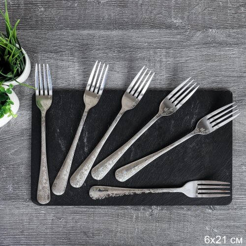 733409 (в уп.100наб.) - Вилка столовая, набор 6шт. [01107342] 733409 (в уп.100наб.) - Вилка столовая, набор 6шт. Серебро с лазерной гравировкой / MJ103 /, материал: металл.