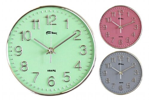 5536 MIX-3 цвета (зел., сер., розовый), (в уп.20 ш [01105540] 5536 MIX-3 цвета (зел., сер., розовый), (в уп.20 шт.) - Часы настенные Космос .Корпус выполнен из пластика. Циферблат закрыт выпуклым стеклом. Механизм кварцевый плавного хода. Питание от батарейки АА (в комплект не входит). Размер модели: 200*200*35 мм.