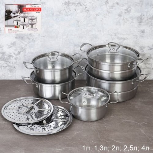 714483 (в уп.12наб.) - Набор кастрюль с крышками 1 [01103642] 714483 (в уп.12наб.) - Набор кастрюль с крышками 10пр.( 1л, 1,3л, 2л, 2,5л, 4л.) + 2 подставки для варки на пару / ER-5547 /, материал: нерж. сталь.