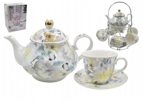 00108895 (в уп.8наб.) - Чайный набор 13пр. на мет. [01107519] 00108895 (в уп.8наб.) - Чайный набор 13пр. на мет.подставке S03-112 (Чайник с крышкой 950мл. - 1шт, кружка 220мл. - 6шт, блюдце 14см. - 6шт.), материал: фарфор.