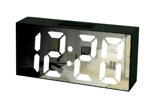 3628Х L черн-белый 6BL (в кор.1шт.) -  Зеркальные [01109980] 3628Х L черн-белый 6BL (в кор.1шт.) -  Зеркальные светодиодные часы. С показаниями времени, даты и температуры, которые переключаются через каждые 15 секунд поочередно. Материал корпуса: пластик. Материал экрана: акрил зеркальный. Габаритные размеры (ВхШхГ): 8,0 х 19,5 х 4,5 см. Вес: 110 гр. Питание: от любого источника с USB (кабель USB в комплекте), от сети 220 В через адаптер (адаптер DC 5V, в комплект не входит), от батареек ААА (в комплект не входят). Два световых режима. День/ночь, устанавливаются автоматически от времени. Формат времени-12 / 24 часа. Будильник один (по умолчанию 5 минут), можно отрегулировать "Повтор". Можно выбрать режим 3 режима: по умолчанию 1-7 каждый день, 1-5 рабочих дней или 1-6 рабочих дней. Резервное питание только от аккумулятора AAA, 3 шт. батарейки ( в комплект не входят). При работе от батареек дисплей автоматически отключается через 15 секунд и включается от хлопка или голоса (громче 60 дицибелов). При работе от USB кабеля дисплей работает постоянно.