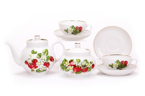 03668 (в уп.1наб.) - Сервиз чайный 14пр. Рубин &quot;Цв [01095296] 03668 (в уп.1наб.) - Сервиз чайный 14пр. Рубин "Цветущая земляника" отводка золотом на 6 персон: Чайник 700мл - 1 шт, сахарница 500мл - 1шт, чашка чайная 220мл - 6шт, блюдце 140мм - 6шт.
