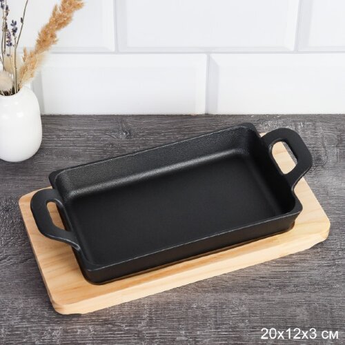 752516 (в уп.20шт.) - Сковорода чугунная на подста [01111586] 752516 (в уп.20шт.) - Сковорода чугунная на подставке прямоугольная 20х12х3 см / F-103 /, материал: металл, дерево.