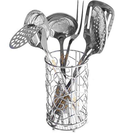 21246 (в уп.12наб.) - Набор кухонных принадлежност [01110577] 21246 (в уп.12наб.) - Набор кухонных принадлежностей 7пр. на подставке. (Половник 29х9х7см.-1шт, ложка 31,5х7,5х5см.-1шт, шумовка 32х10,5х5,5см.-1шт, лопатка с прорезями 33х7,8х3,5см.-1шт, вилка 31,5х2,4х2см.-1шт, пресс для картофеля 28,5х8х8,5см.-1шт.), материал: нержавеющая сталь.