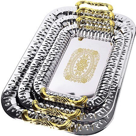 40448 (в уп.20наб.) - Набор мет. подносов 3пр. с з [01110603] 40448 (в уп.20наб.) - Набор мет. подносов 3пр. с золлотыми ручками, размеры: 38,5х26х2,3см, 32,5х22,5х2см, 25,5х18х1,7см, материал: нержавеющая сталь.