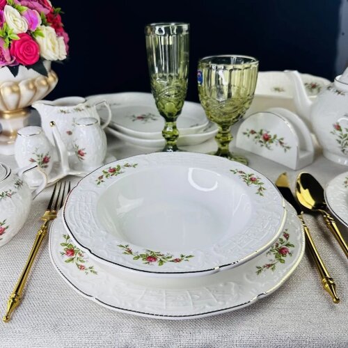 205-388 (в уп.1наб.) - Обеденный сервиз 23пр. ДОМИ [01110492] 205-388 (в уп.1наб.) - Обеденный сервиз 23пр. ДОМИНИКА в подарочной упаковке. (6 глубоких тарелок 21,5см, 6 тарелок 20см, 6 тарелок 27см, 1 салатник 23см, 2 блюда овальных 30,5см, набор для специй 2пр. соль+перец), материал: костяной фарфор.