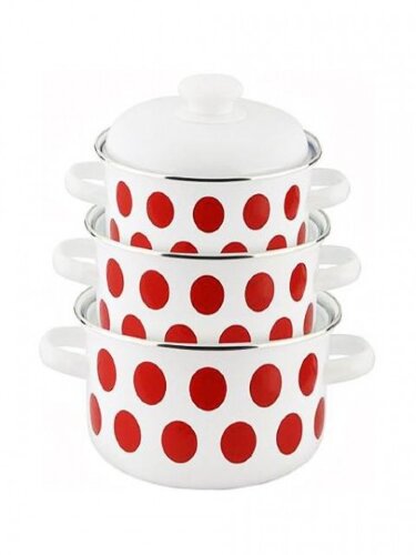 81099 (в уп.1шт.) - Набор из 3-х кастрюль с крышка [01109004] 81099 (в уп.1шт.) - Набор из 3-х кастрюль с крышками (1,5л, 2л, 3л.) С-124АП2/4 "Горох красный", материал: эмалированная сталь.