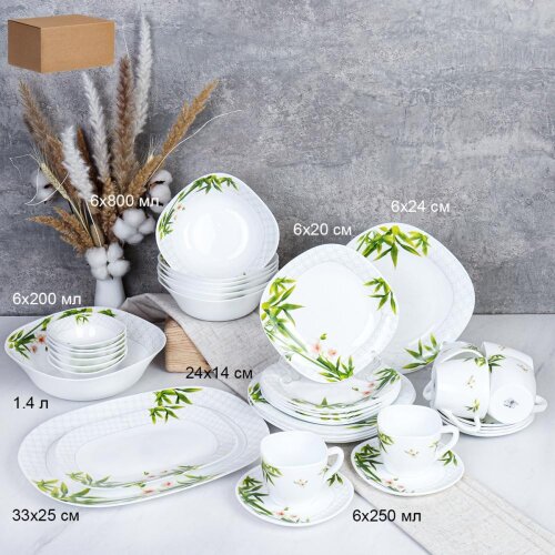 740117 (в уп.2наб.) - Столовый набор 39пр, квадрат [01111306] 740117 (в уп.2наб.) - Столовый набор 39пр, квадратный / GRAY Sq 39/75 (6773) / Бамбук с орхидеей, (Тарелка 24см.-6шт, тарелка 20см.-6шт, салатник 800мл.-6шт, салатник 200мл.-6шт, салатник 1,4л.-1шт, блюдо 24х14см.-1шт, блюдо 33х25см.-1шт, чайный набор 12пр. 250мл.), материал: стеклокерамика.