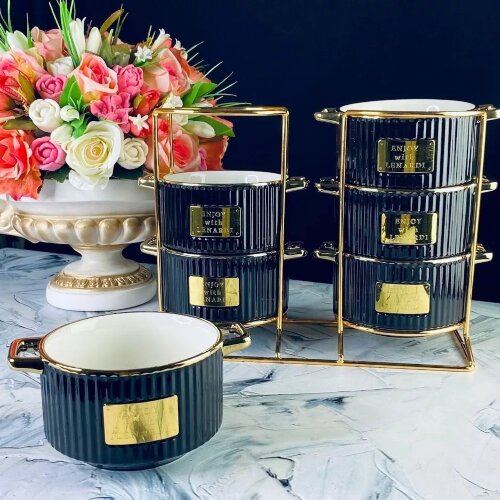 106-336 (в уп.8наб.) - Набор из 6 бульонниц с ручк [01106026] 106-336 (в уп.8наб.) - Набор из 6 бульонниц с ручками 500мл. MULTICOLOR на мет.  подставке в подарочной упаковке, материал: фарфор.