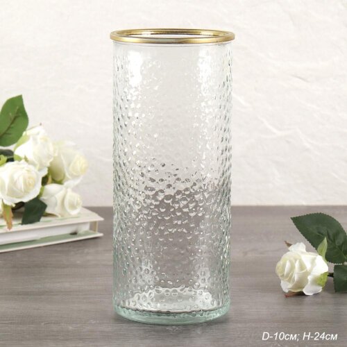 730400 (в уп.24шт.) - Ваза для цветов прозрачная с [01111567] 730400 (в уп.24шт.) - Ваза для цветов прозрачная с золотой каймой, H=24см. / WRD-112 /, материал: стекло.