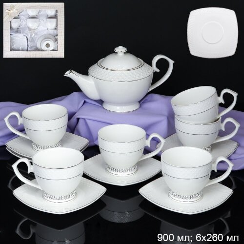705597 (в уп.4наб.) - Чайный набор 13пр. в подар. [01106943] 705597 (в уп.4наб.) - Чайный набор 13пр. в подар. упак. (6 кружек 260мл. на ножке со стразами, 6 блюдец, чайник с крышкой 900мл.) / GA2-13G /, материал: костяной фарфор.