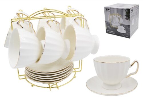 100378 (в уп.8шт.) - Чайный набор 12пр. на мет.под [01108827] 100378 (в уп.8шт.) - Чайный набор 12пр. на мет.подст. Lavenir "Пломбир" (6 кружек 250мл, 6 блюдец 14см.), 14G04-GL, материал: фарфор.