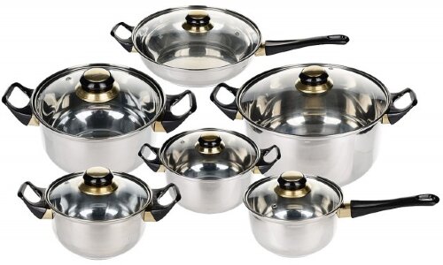 54432 (в уп.2шт.) - Набор посуды 12пр. RS/CW 1230- [01109002] 54432 (в уп.2шт.) - Набор посуды 12пр. RS/CW 1230-12 BK (Ковш с крышкой 1,8л. (16х9,5см) - 1шт, кастрюли с крышками (1,8л, 2,7л, 3,6л, 6,1л,) - 4шт, сковорода с крышкой 2,8л. (24х6,5см.) - 1шт.), материал: нержавеющая сталь.