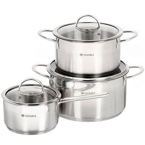 512964-РСВ (в уп.1шт.) - Набор посуды 6пр. (Кастрю [01109541] 512964-РСВ (в уп.1шт.) - Набор посуды 6пр. (Кастрюля с крышкой 3,4л, 5,8л, ковш 1,8 л.), индукция, Daniks, Бонн, GS0319PC(426585), материал: нерж.сталь.