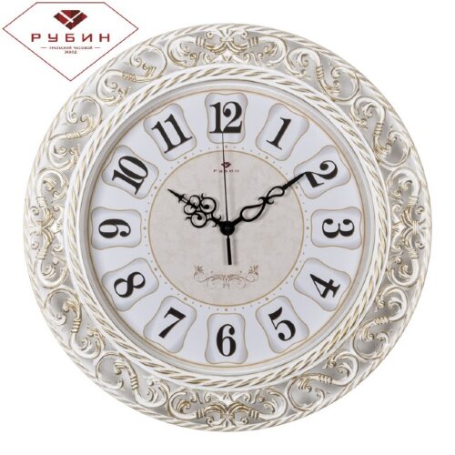 4051-106 (в кор.5шт.) - Часы настенные круг с узор [01084628] 4051-106 (в кор.5шт.) - Часы настенные круг с узором, размер: d=39,5см, корпус белый с золот."Классика" "Рубин", материал: пластик, стекло, кварцевый механизм, плавный ход.