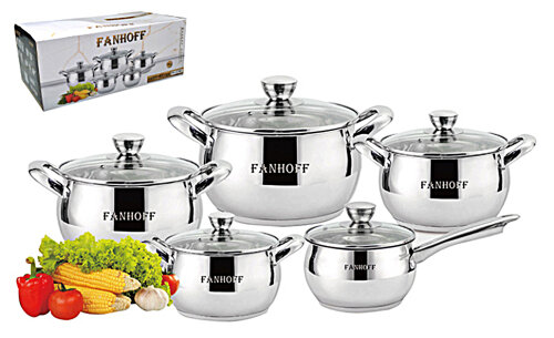 FH-52544 (в уп.2наб.) -  Набор посуды 10пр. (Кастр [01100083] FH-52544 (в уп.2наб.) -  Набор посуды 10пр. (Кастрюля с крышкой 6л. D-24см, h-13,5см, кастрюля с крышкой 3,5л. D-20см, h-11,5см, кастрюля с крышкой 2,5л. D-18см, h-10,5 см, кастрюля с крышкой 1,8л. D-16см, h-9,5см, ковш с крышкой 1,8л. D-16 см, h - 9,5см.) Материал: нержавеющая сталь, марка стали 201, толщина стенки корпуса - 0,5мм, индукционное капсулированное дно.
