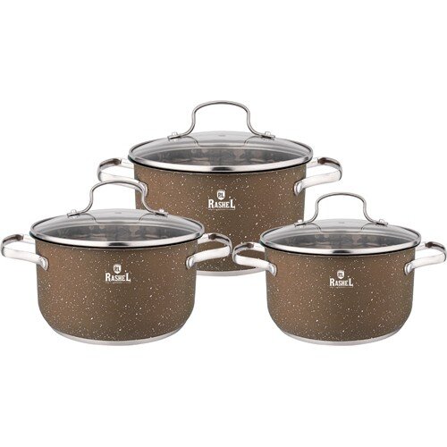 540943-РСВ (в уп.1наб.) - Набор кастрюль 6пр. Rash [01111512] 540943-РСВ (в уп.1наб.) - Набор кастрюль 6пр. Rashel R-20304z, нерж.сталь,  стекл. крышки. (2,6л, 3,6л, 4,7л), корич.гранит, материал: нержавеющая сталь.