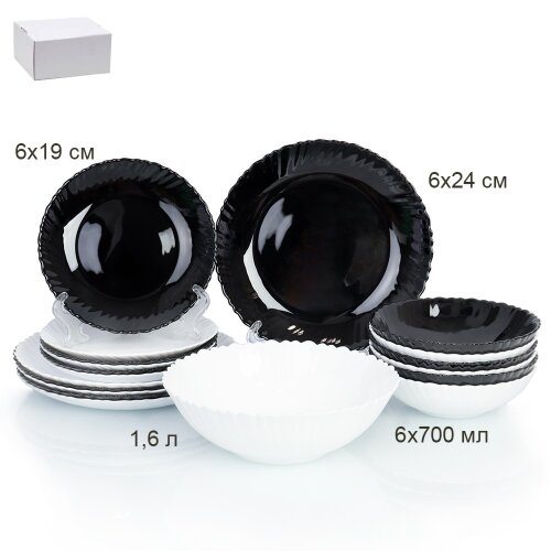 698356 (в уп.2шт.) - Столовый набор 19пр. Классика [01109099] 698356 (в уп.2шт.) - Столовый набор 19пр. Классика Черно-белый (Тарелка плоская 24см. - 6шт, тарелка плоская 19см. - 6шт, салатник глубоки 700мл. - 6шт, салатник глубокий 1,6л. - 1шт.) / NH19GT-957579 (BLACK&WHITE), материал: стеклокерамика.