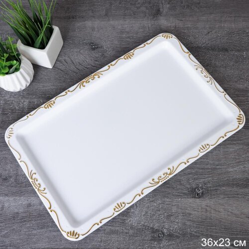 751701 (в уп.100шт.) - Поднос прямоугольный 37х24с [01111218] 751701 (в уп.100шт.) - Поднос прямоугольный 37х24см. / NB701 / белый с золотом, материал: пластик.