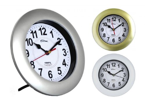 7000 MIX 3 цвета (серебряный, золотой, белый), (в [01105541] 7000 MIX 3 цвета (серебряный, золотой, белый), (в уп.40шт.) - Часы Космос, можно использовать как настольные есть подставка, так и настенные, кварцевый механизм плавного хода, размер: 180х180х20мм, материал: пластик, органическое стекло.