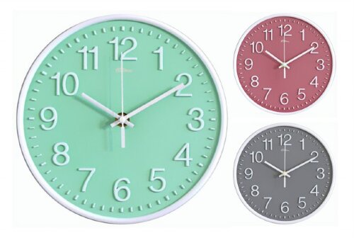 5538 MIX-3 цвета (зел., сер., розовый), (в уп.20 ш [01109047] 5538 MIX-3 цвета (зел., сер., розовый), (в уп.20 шт.) - Часы настенные Космос. Корпус выполнен из пластика. Циферблат закрыт выпуклым стеклом. Механизм кварцевый плавного хода. Питание от батарейки АА (в комплект не входит). Размер модели: 200*200*35 мм.