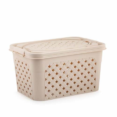 3478М (в уп.8шт.) - Контейнер 15л. &quot;Плетёнка люкс&quot; [01043495] 3478М (в уп.8шт.) - Контейнер 15л. "Плетёнка люкс" прямоуг.с крыш.(бежевый), размер: 395х265х210мм.