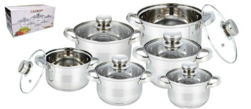 FH-52518 (в уп.2наб.) - Набор посуды 12пр. (Кастрю [01105102] FH-52518 (в уп.2наб.) - Набор посуды 12пр. (Кастрюли с крышками 2,1л, 2,9л-2шт, 3,9л, 6,5л, 7,7л.), материал: нержавеющая сталь.