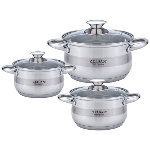 565619-РСВ (в уп.1наб.) - Набор посуды 6пр. ZEIDAN [01110706] 565619-РСВ (в уп.1наб.) - Набор посуды 6пр. ZEIDAN Z-50632, (Кастрюли 1,6л, 2,5, 3,3л. со стеклянными крвшками.), подходит для всех видов плит, материал: нержавеющая сталь.
