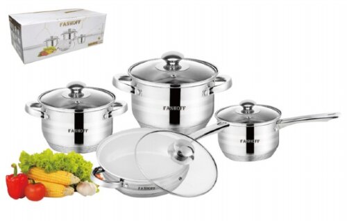 FH-52547 (в уп.2наб.) - Набор посуды 8пр. (Кастрюл [01103621] FH-52547 (в уп.2наб.) - Набор посуды 8пр. (Кастрюли с крышками 2л, 2,9л, 3,9л, сотейник с крышкой 3л.), материал: нержавеющая сталь.