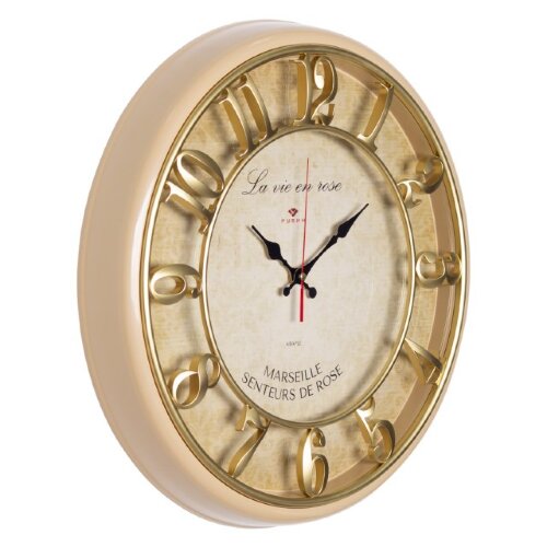4141-001 (в кор.5шт.) - Часы настенные круг, разме [01103856] 4141-001 (в кор.5шт.) - Часы настенные круг, размер: d=41см, корпус бежевый с золотом "Винтаж" "Рубин", материал: пластик, стекло, кварцевый механизм, плавный ход.