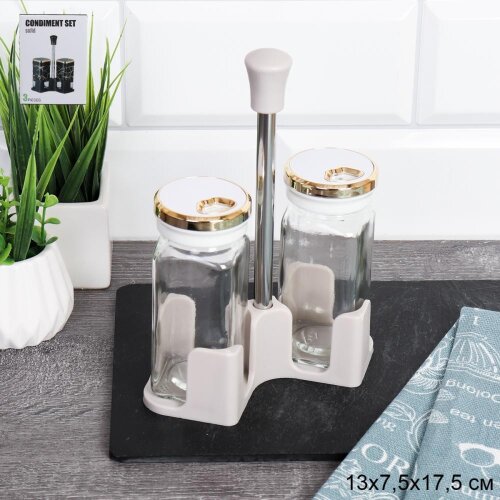 750441 (в уп.42наб.) - Набор для специй 2пр. на ме [01111312] 750441 (в уп.42наб.) - Набор для специй 2пр. на металл подставке, 13х7,5х13,5см. /T021-13/, материал: стекло, пластик.