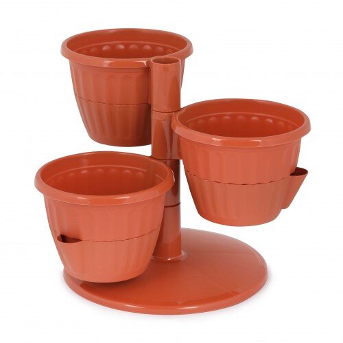 8068М (в уп.12шт.) - Горшок цветочный 0,7л. (терра [01057102] 8068М (в уп.12шт.) - Горшок цветочный 0,7л. (терракотовый) "Каскад" из 3-х штук на стойке,  с функцией прикорневого полива, размер: 250х250х218мм.