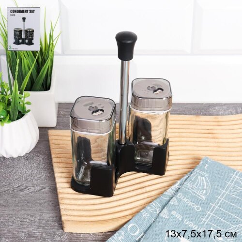 750437 (в уп.42наб.) - Набор для специй 2пр. на ме [01111311] 750437 (в уп.42наб.) - Набор для специй 2пр. на металл подставке. 13х7,5х17,5см. /T021-1/, материал: стекло, пластик.