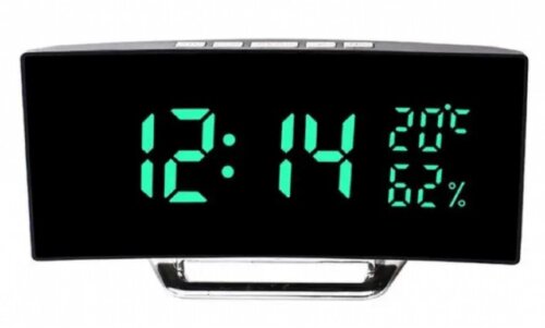 7816-4BL черн-зел (в кор. 1 шт.) Настольные электр [01106383] 7816-4BL черн-зел (в кор. 1 шт.) Настольные электронные часы-будильник, метеостанция. Габариты: 166*84*45 мм высота цифры 35 мм. В комплекте только USB провод, адаптера-блока НЕТ. Светодиодный дисплей времени -12-24 часовой формат-Температура в С и F, влажность и время одновременно на дисплее. Установка (автоматически) ночного режима (18.00 – 06.00)-Два световых режима-Пять функциональных кнопок (MODE, ALARM, SNZ/LIGHT, UP, DOWN) -Функция сохранения времени (3хААА батарейки) -Работа от батареек (3хААА батарейки .В комплектацию не входят) -Сетевой кабель USB (адаптер в комплектацию не входит)