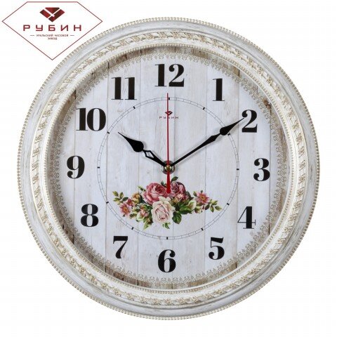 2950-108 (в уп.10шт.) - Часы настенные круг., корп [01083500] 2950-108 (в уп.10шт.) - Часы настенные круг., корпус белый с золотом "Садовые розы" "Рубин", механизм с плавным ходом,размер: 28,5х28,5х4,5см, материал: пластик, стекло, металл.