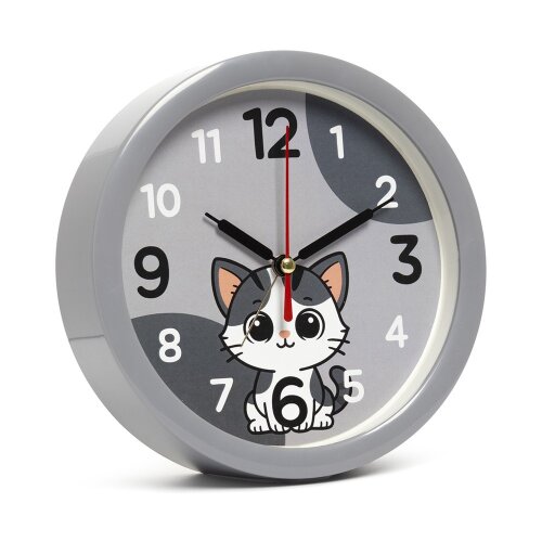В4-057 (в кор.20шт.) - Будильник кварц d=15см, кор [01110406] В4-057 (в кор.20шт.) - Будильник кварц d=15см, корпус серый " Котенок"